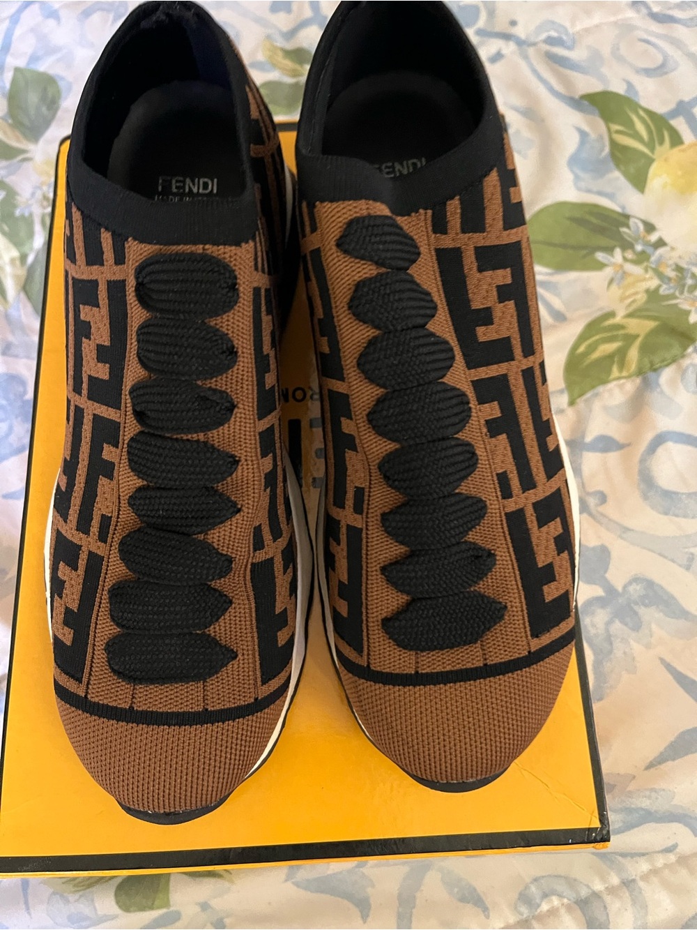 Women Fendi Black and Brown FF Logo Knit Sneaker - - Picture 2 of 5